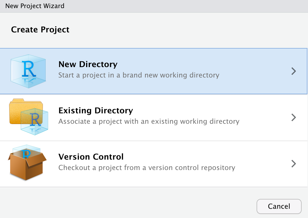 New project wizard with the new directory option highlighted