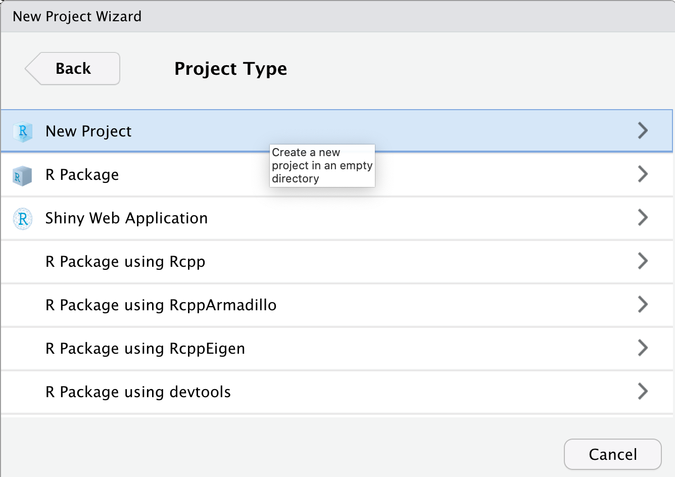New project wizard with the new project type highlighted