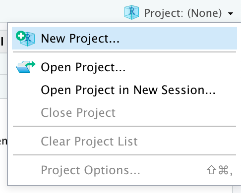 R Project Menu with New Project option highlighted