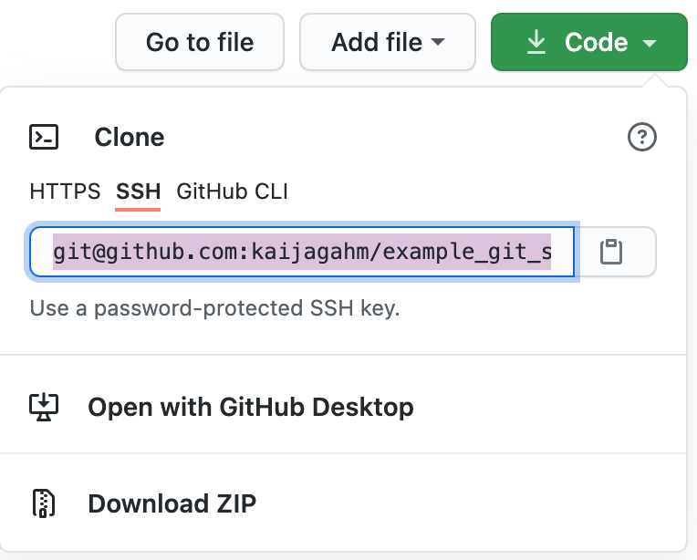 Accessing the repo's SSH URL from the green 'Code' button