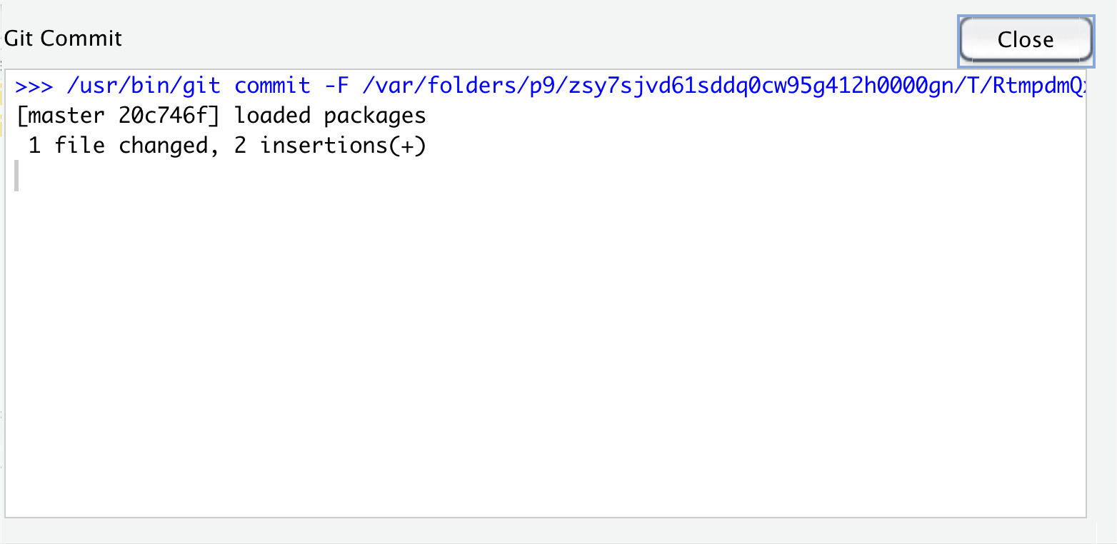 Git commit window summary of packages loaded commit