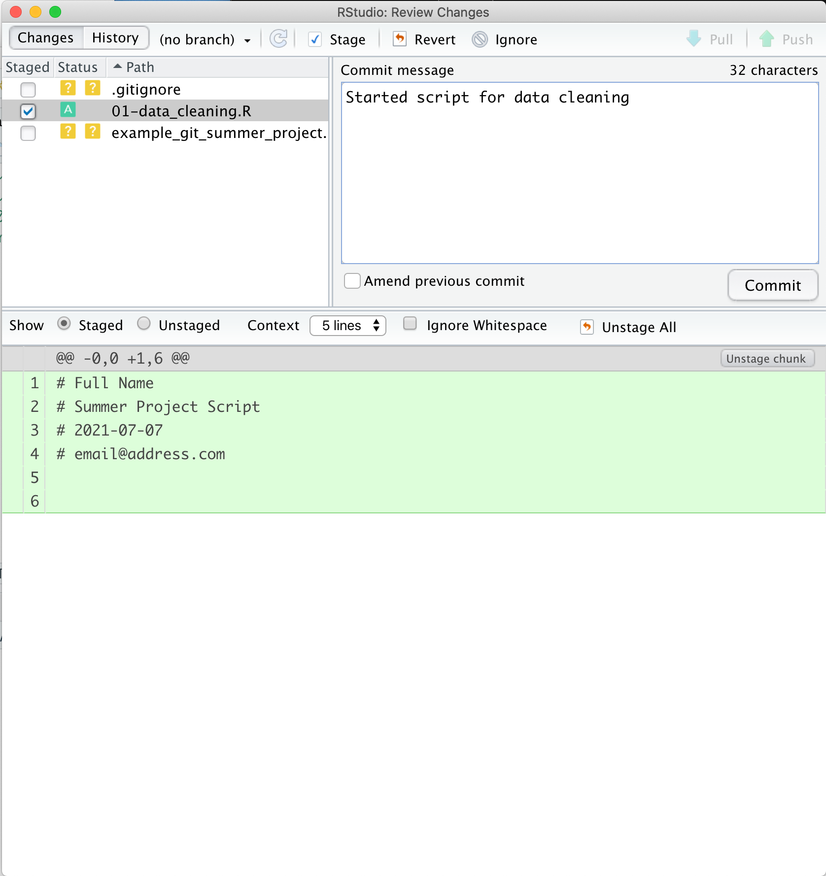 RStudio git commit window with data cleaning script added