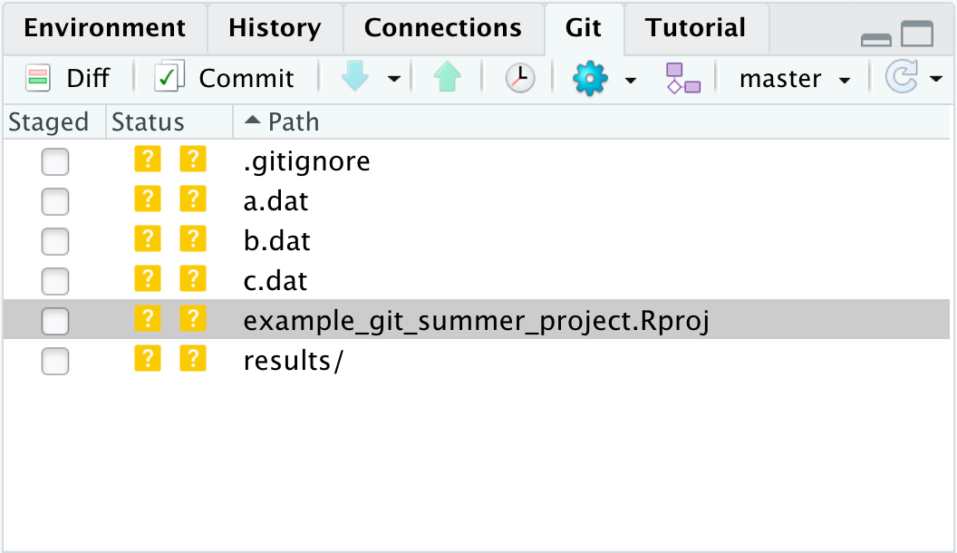 Git pane with the dat files and results folder showing