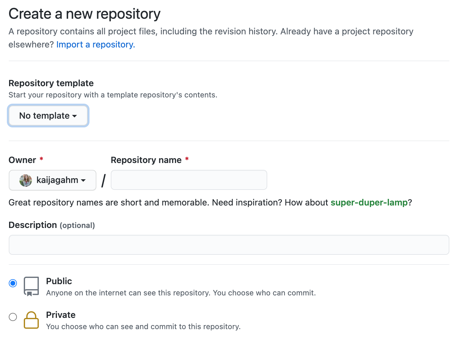 Entering information to create the new repo