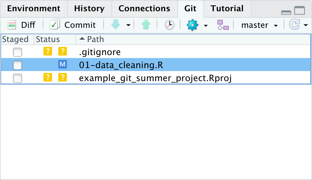 git pane showing data cleaning script as modified