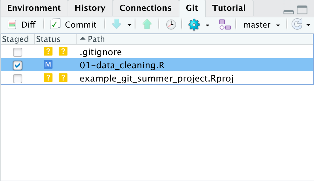 Git pane with data cleaning script modified and staged