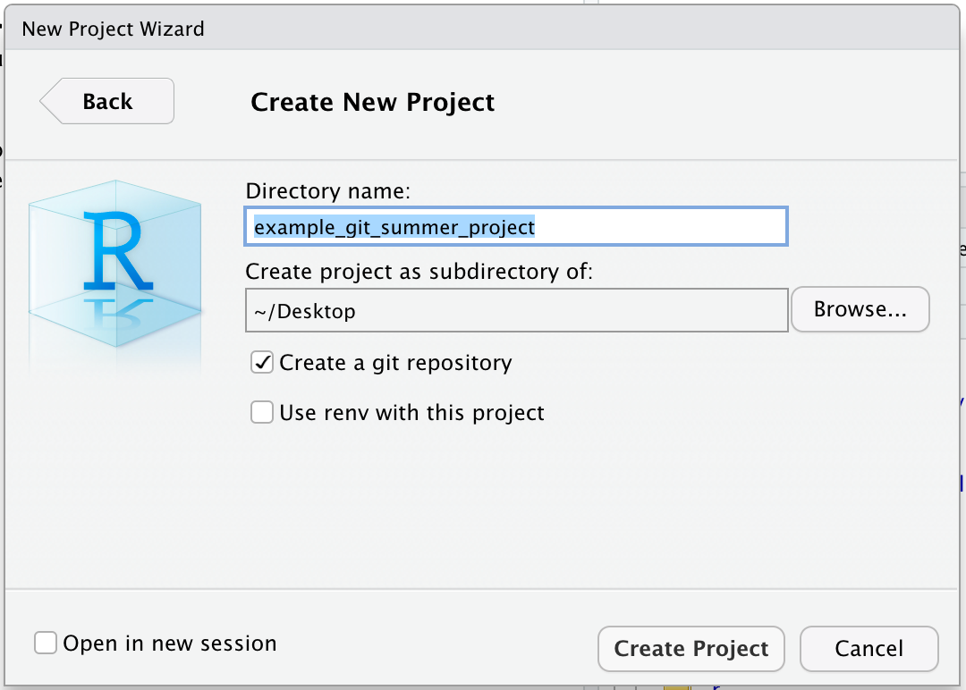New project wizard with directory name and location