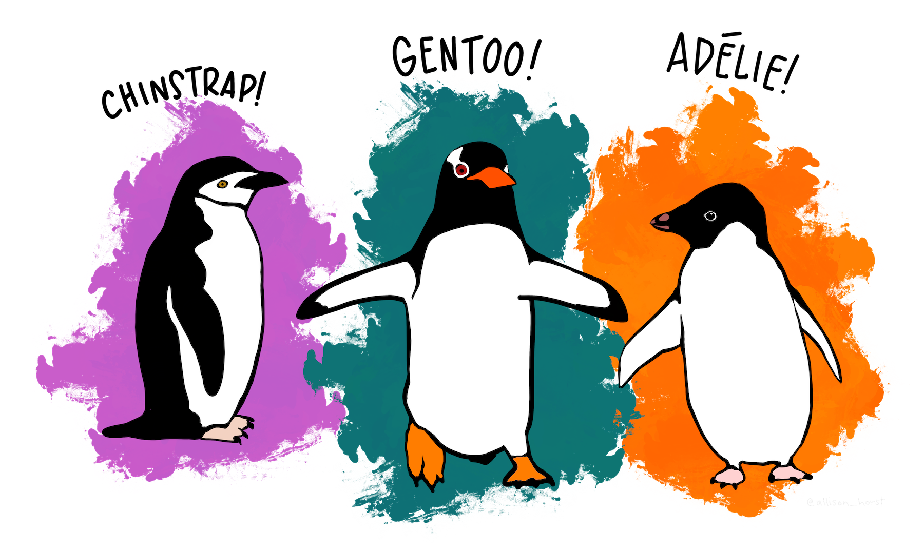 Palmer Penguins Illustration of the three species of penguins found in the Palmer Archipelago, Antarctica: Chinstrap, Gentoo and Adele