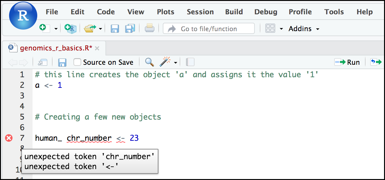 rstudio script warning for space in object name